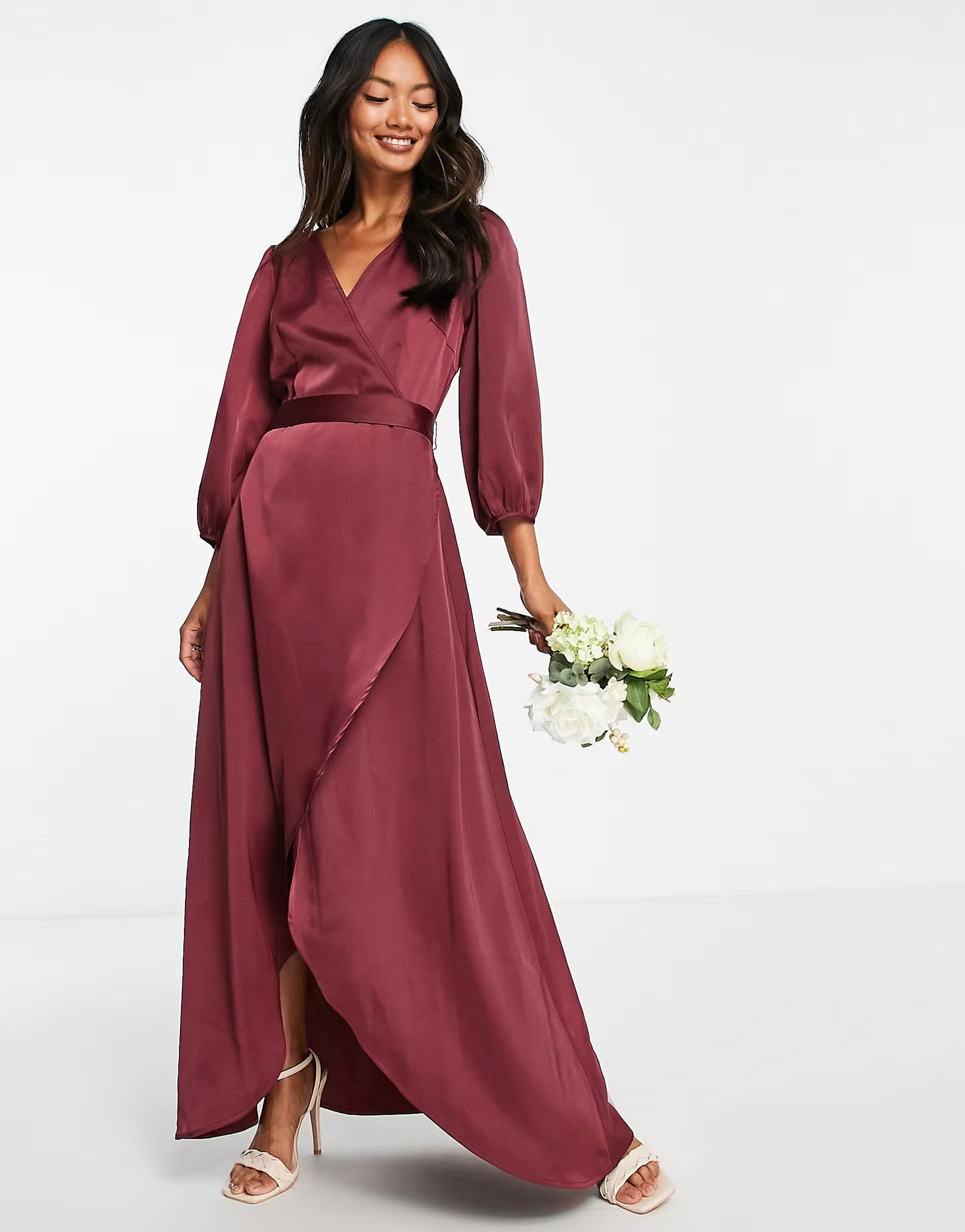 YAS Bridesmaid satin wrap midi dress in burgundy  - BURGUNDY | ASOS (Global)