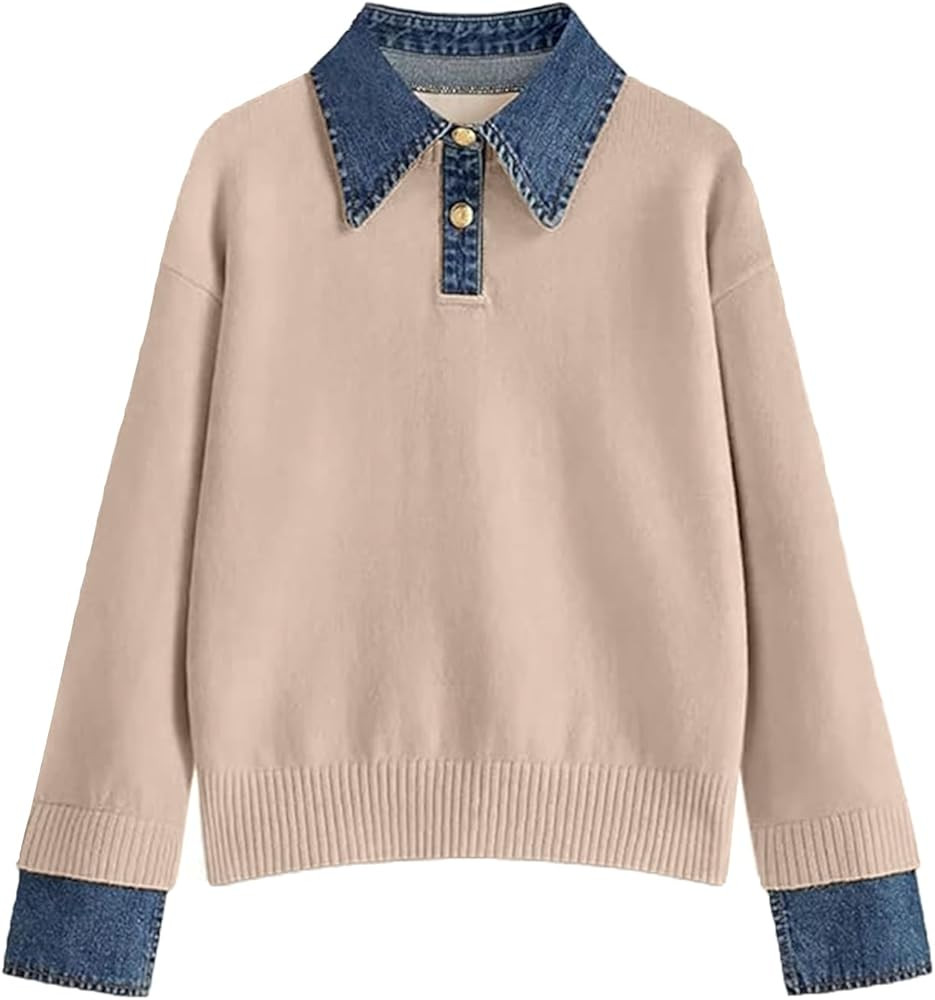 Womens Fall Oversized Long Sleeve Sweaters 2 in 1 Denim Panel Lapel Sweater Polo Knit Sweater Top... | Amazon (US)