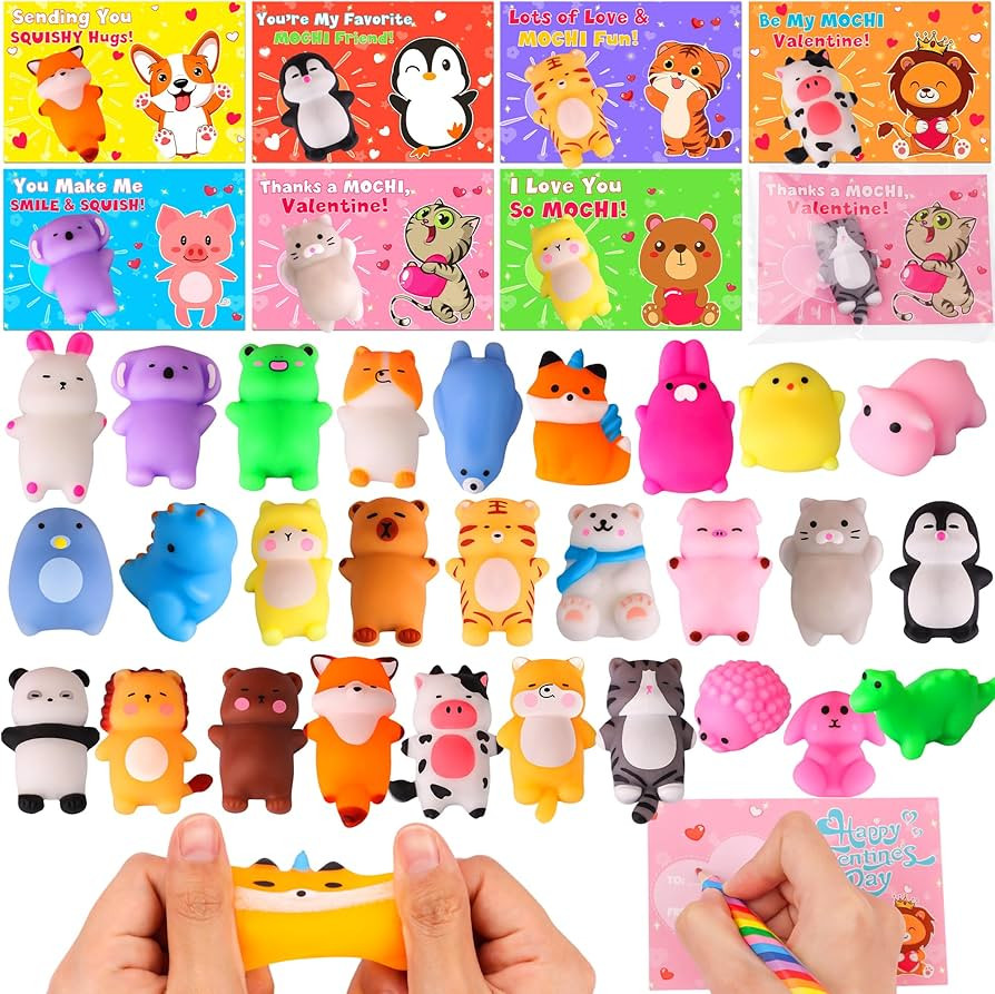 28 Pack Valentines Day Gifts for Kids Classroom Valentines Day Cards with Kawaii Mochi Squishies ... | Amazon (US)