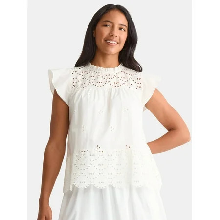 Time and Tru Women s Eyelet Top with Flutter Sleeves Sizes XS-XXXL | Walmart (US)
