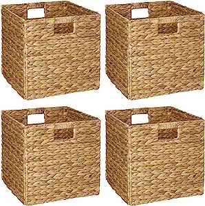 IsVie Woven Hyacinth Storage Baskets 4 Pack, Rectangle Storage Container Organizer Baskets with B... | Amazon (US)