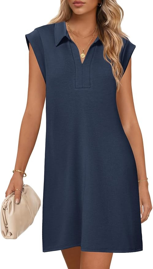MEROKEETY Women's 2026 Summer Short Sleeve Mini Dress Casual Collared V Neck Loose T Shirt Dresse... | Amazon (US)