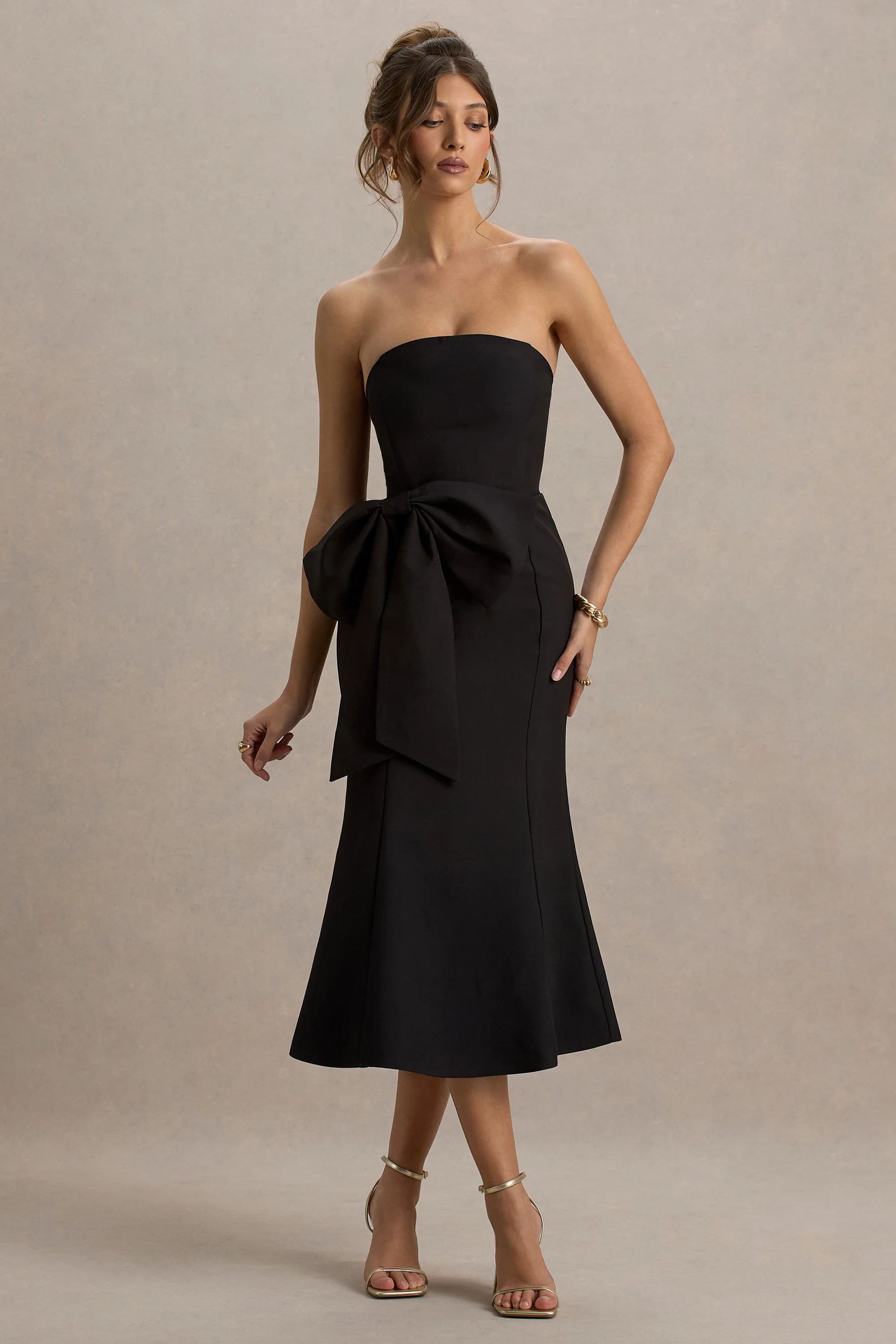 To Me  Black Bandeau Midi Dress With Oversized Bow | Club L London
