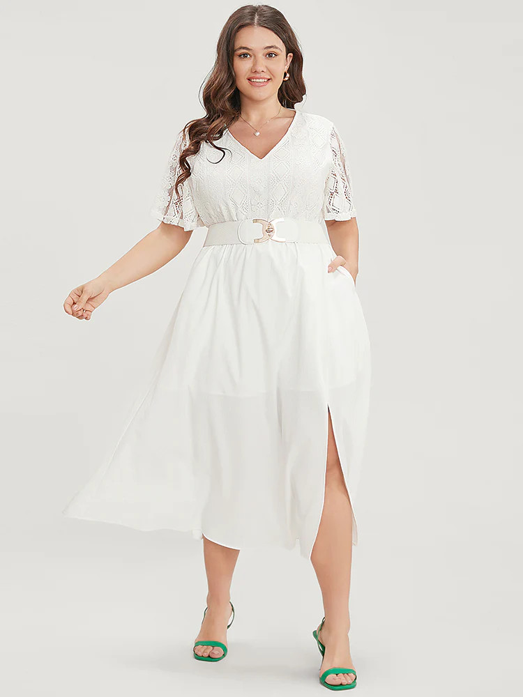 Plain V Neck Pocket Contrast Lace Split Hem Dress | Bloomchic