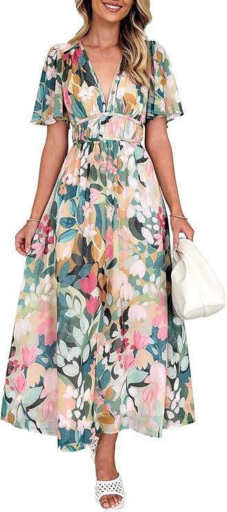 Womens V Neck Flutter Sleeve Boho Midi Dress Summer Wedding Guest Beach Party Long Dresses | Amazon (US)