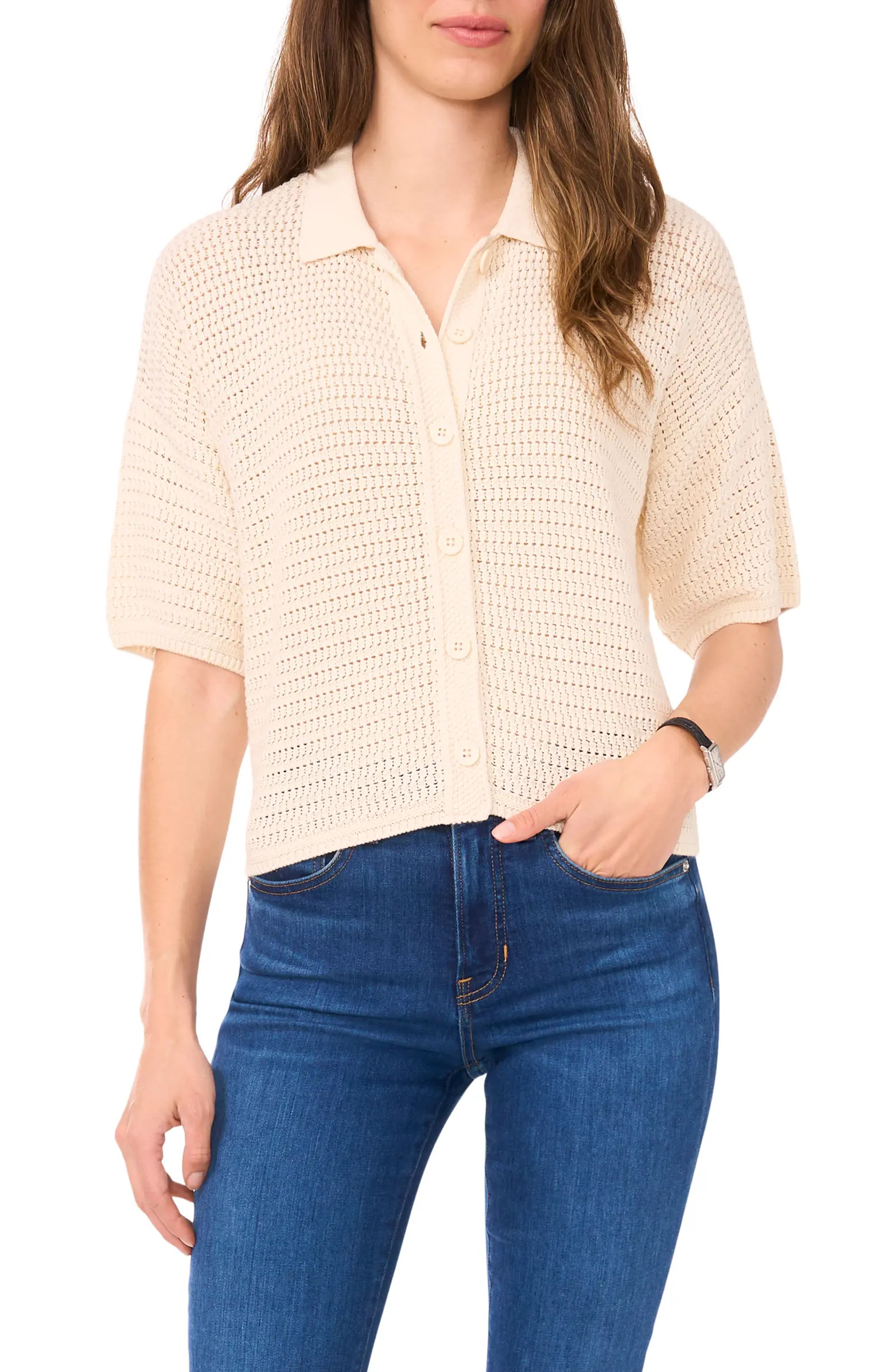 Open Stitch Button-Up Polo Sweater | Nordstrom