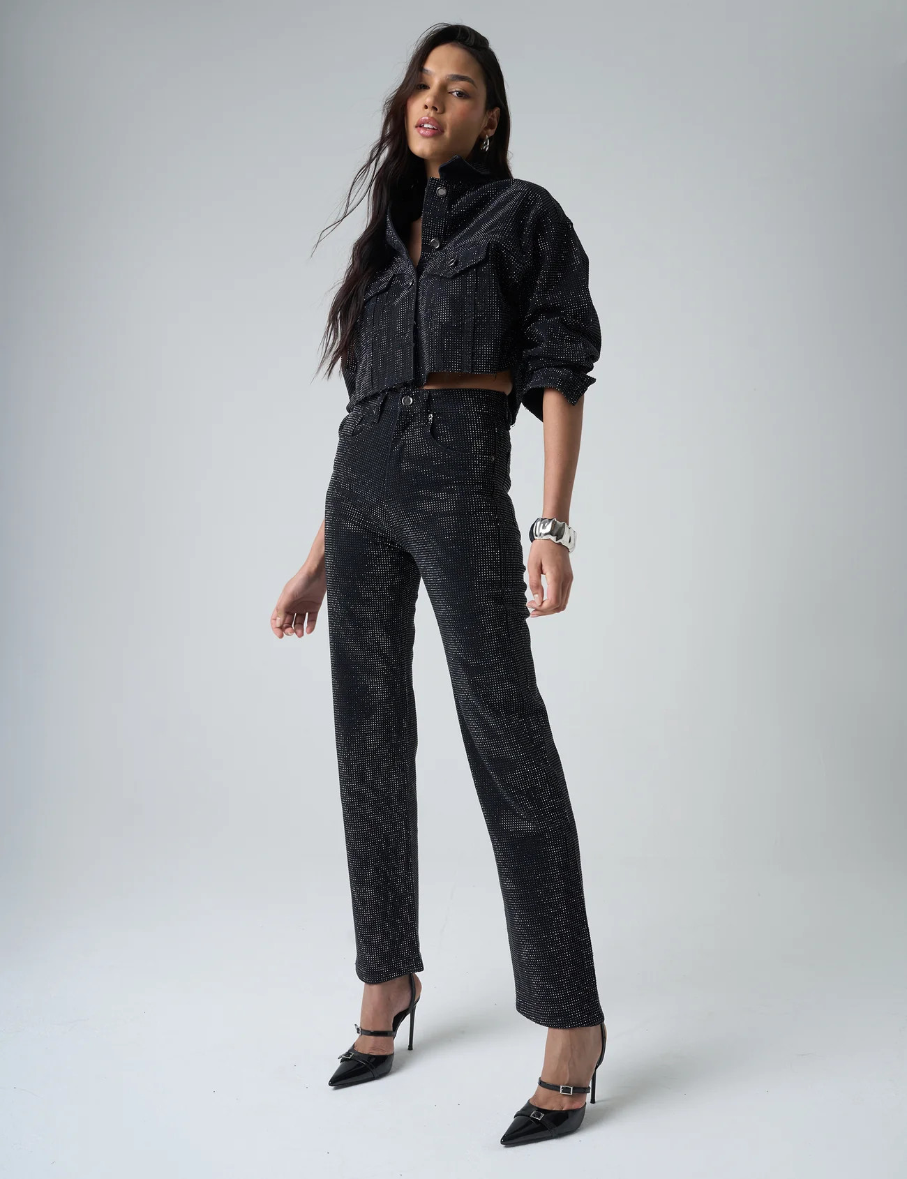 Diamante Straight Fit High Rise Denim Jeans Black | Public Desire