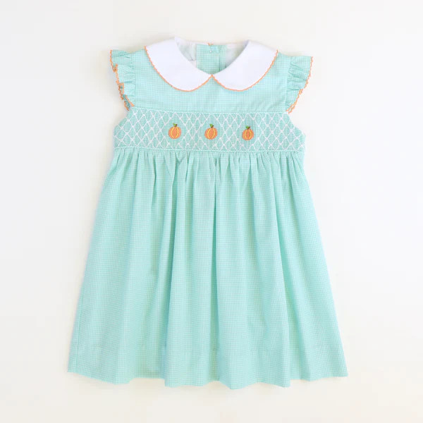 Smocked Geo Pumpkins Collared Dress - Mint Mini Gingham | Southern Smocked Co.
