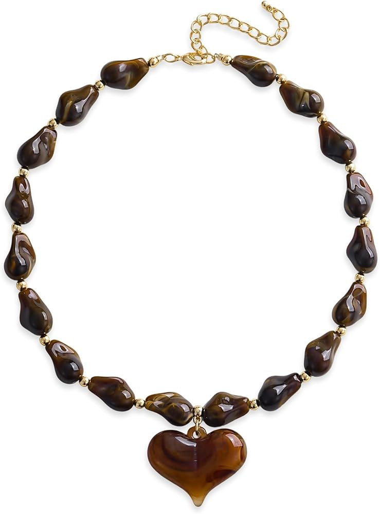 YUJIE Chunky Heart Penadnt Necklace for Women- Exaggerated Statement Puff Heart Necklace with Acr... | Amazon (US)