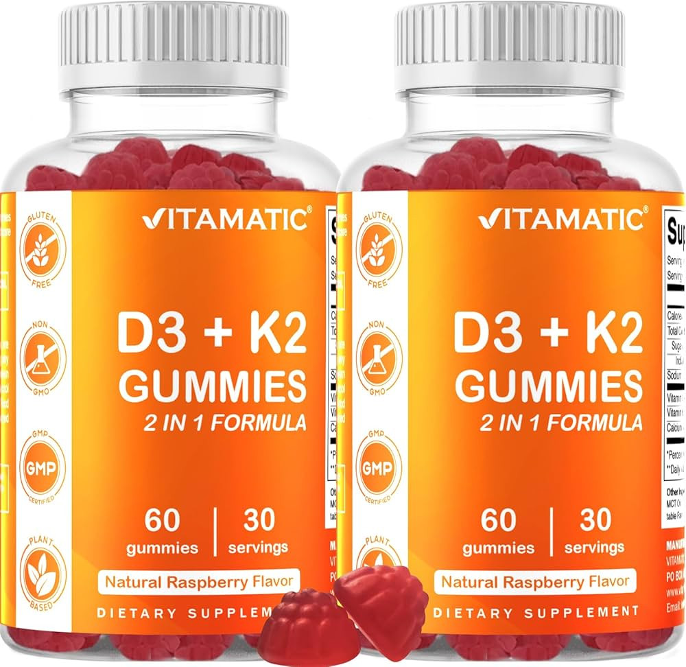 Vitamatic 2 Pack Vitamin D3 K2 Gummies - 60 Count - Supports Healthy Bone, Heart & Calcium Absorp... | Amazon (US)