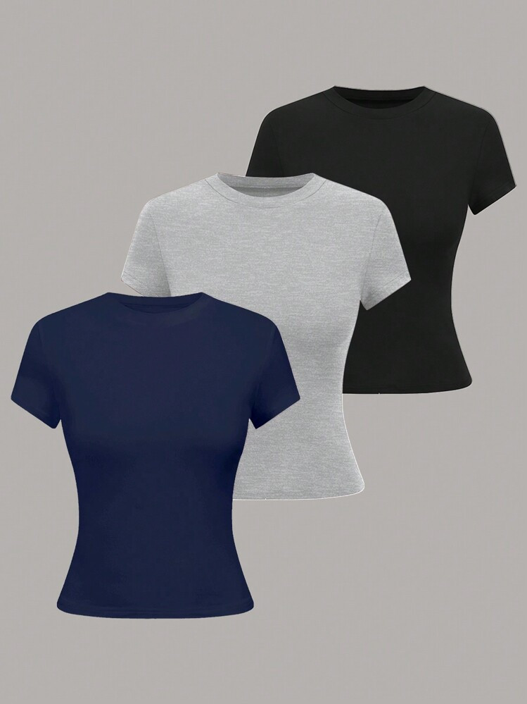 Lymera Women's Round Neck Short Sleeve Solid Color Black Grey Casual Simple Fitted Blouse Tops Fa... | SHEIN