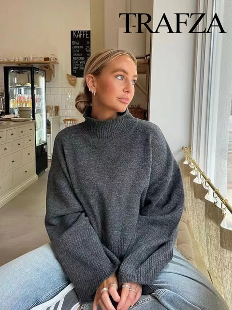 TRAFZA-Suéter de malha casual feminino, gola alta, manga comprida, fenda lateral, pulôver solto... | Aliexpress BR (BR)