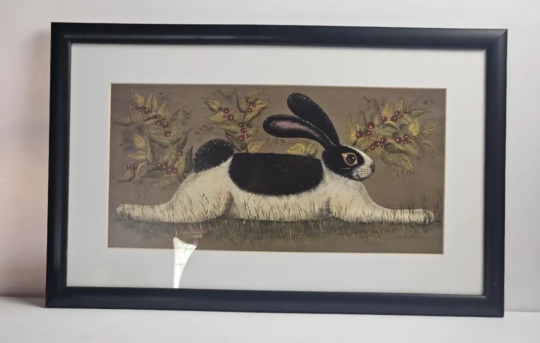 Vintage Lisa Hilliker "Green Folk Bunny" Framed Art Print | 21.5x13.5 Fine Art Rabbit | Etsy (US)