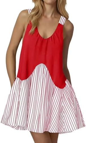 Fisoew Womens Sleeveless Tank Mini Dress Summer Casual V Neck Striped Patchwork A Line Workout At... | Amazon (US)