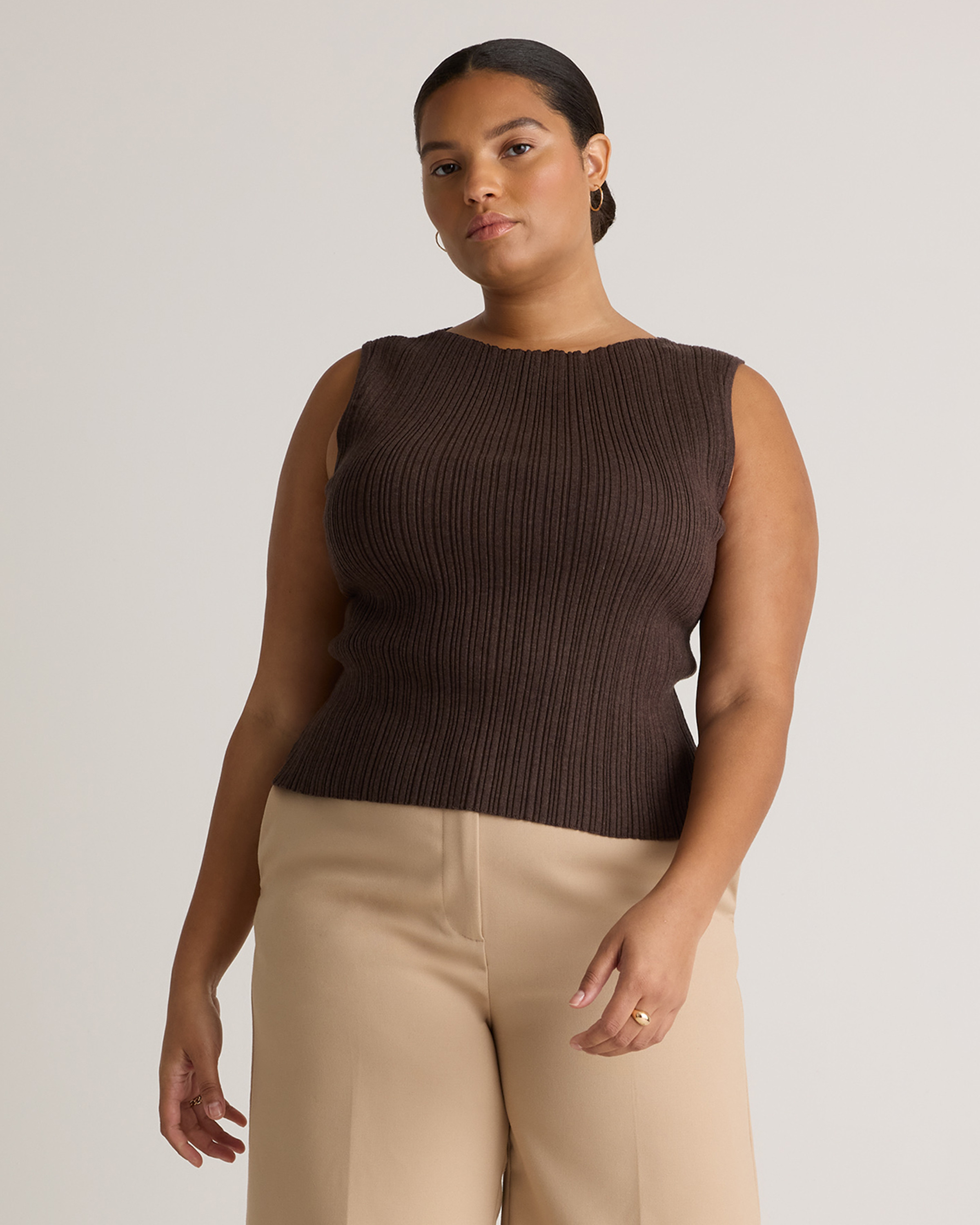 Quince | Women's Cotton Cashmere Ribbed Tank Top in Mocha Heather, Size Small | Quince