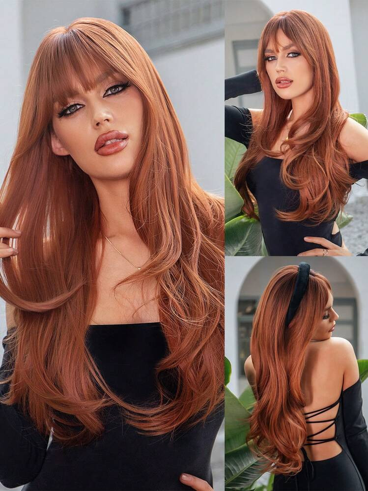 26 Inch Red Brown Copper Ginger Long Curly Wigs For Women, Gorgeous Fluffy Wigs Hair With Bangs Synthetic Wigs For Party Daily Use Halloween | SHEIN