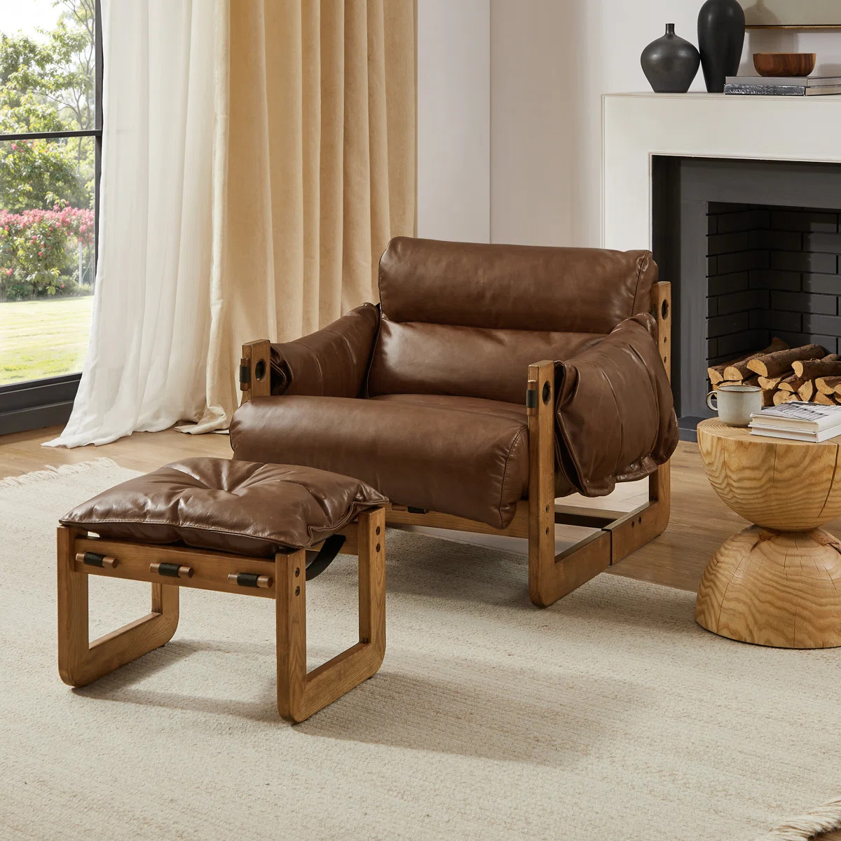Devin 37.40'' W Top Grain Genuine Leather Accent Lounge Chair and Ottoman Set | Wayfair North America