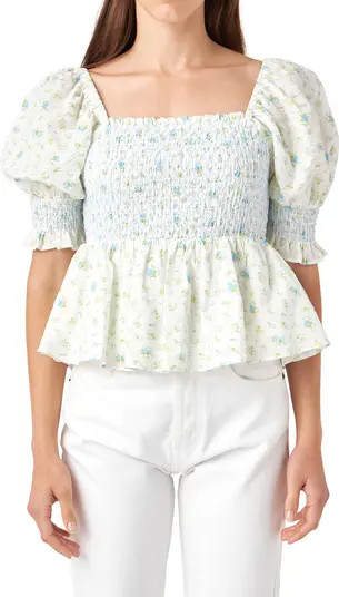 English Factory Floral Print Puff Sleeve Peplum Blouse | Nordstrom | Nordstrom