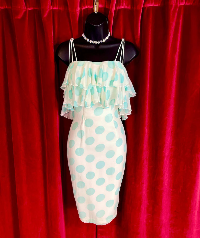 True Vintage Lilli Diamond W26 Creamy White with Turquoise Blue Polka Dot Sheer Chiffon Strapless... | Etsy (Global)