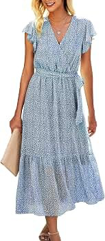 Angashion Women’s Dresses Short Sleeve Wrap V Neck Ruffle Floral Printed Midi Dress with Belt | Amazon (US)