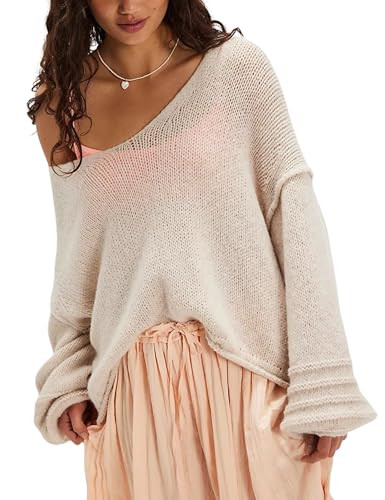 Womens Bohemian Slouchy Style Sweater Off Shoulder Knit Pullover with bubbled Sleeves | Amazon (US)