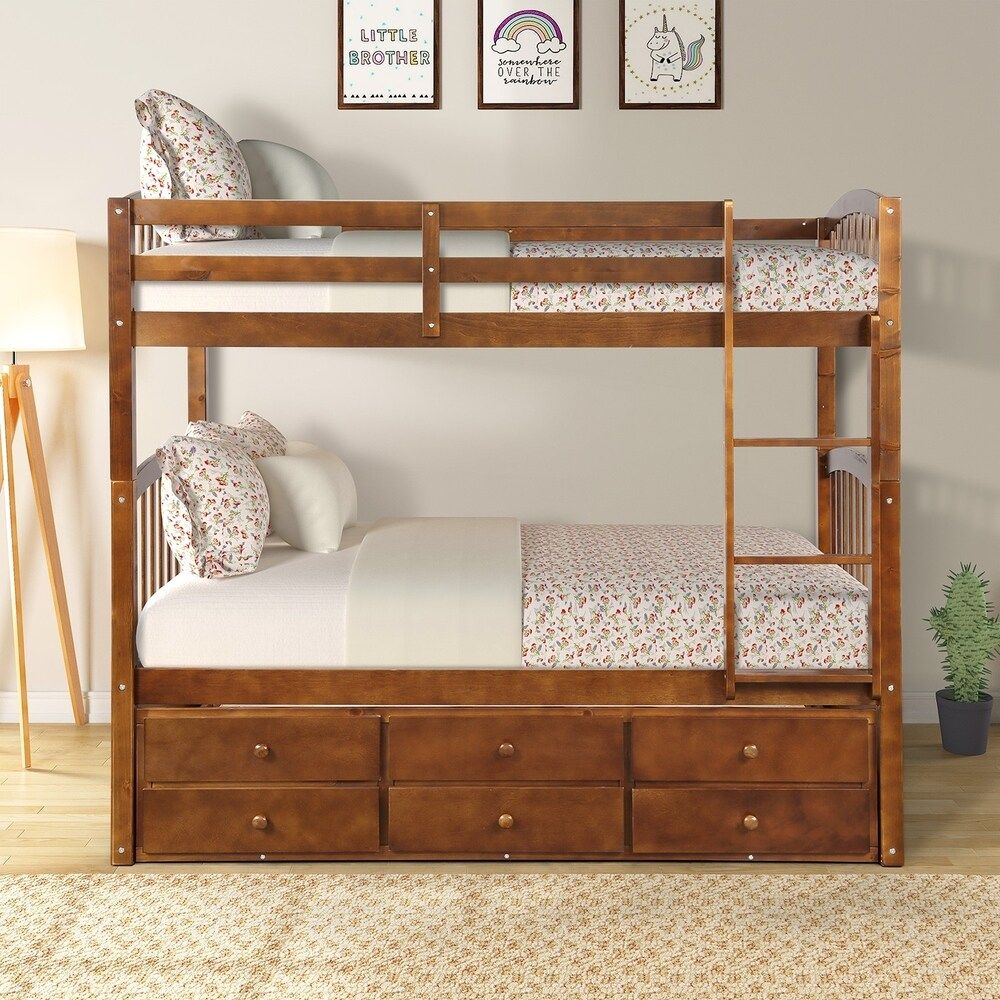 Twin Over Twin Bunk Bed with Ladder, Safety Rail, 3 Drawers for Kids (Walnut) | Bed Bath & Beyond