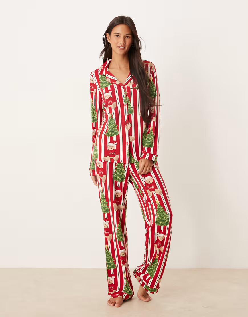 Chelsea Peers His & Hers poly long sleeve camp collar pajama set in Christmas Teddy striped print-Red | ASOS (Global)