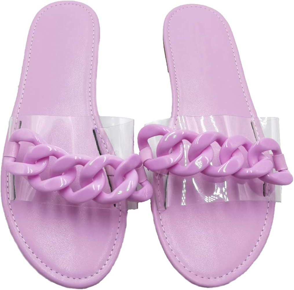 Womens Summer Glitter Candy Color Chain Clear Slides Flat Low Wedge Sparkle Sandals Shoes | Amazon (US)
