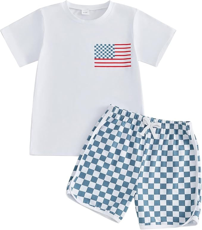 Boys 4th Of July Outfit Short Sleeve Flag Print T-shirt Plaid Shorts Independence Day 4th Of July... | Amazon (US)