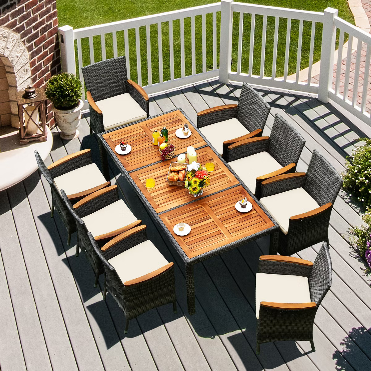 Costway 9PCS Patio Rattan Dining Set Mix Gray Acacia Wood Table Cushioned Chair | Target