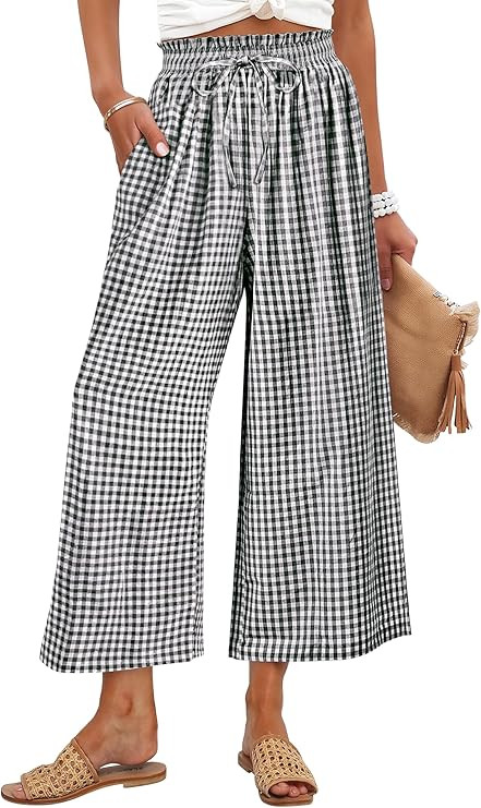 ANRABESS Womens Striped Gingham Palazzo Capri Pants Pajama Wide Leg Lounge Trousers Plaid Cute Cr... | Amazon (US)
