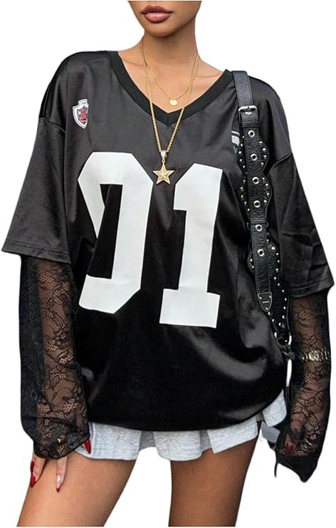 Floerns Women's Contrast Lace Long Sleeve Jersey Shirt V Neck Number Print Oversized Tee | Amazon (US)