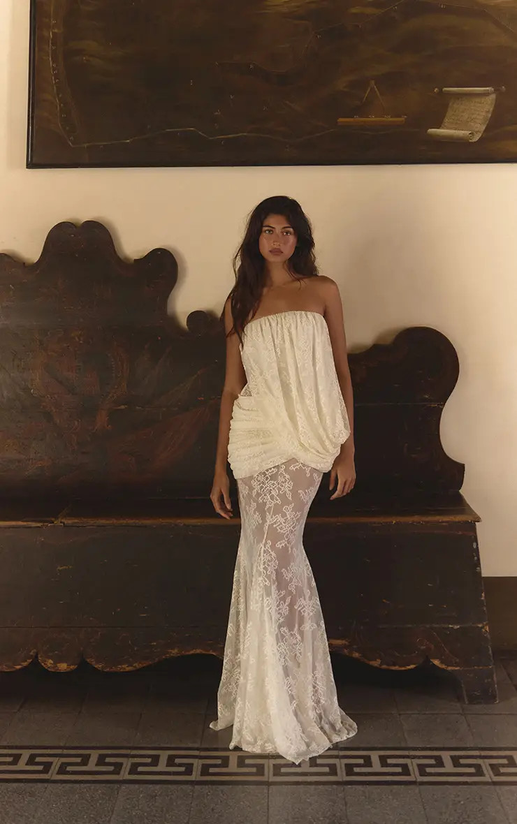Cream PLT Label Cream Lace Asymmetrical Drape Godet Fishtail Bandeau Maxi Dress | PrettyLittleThi... | PrettyLittleThing US