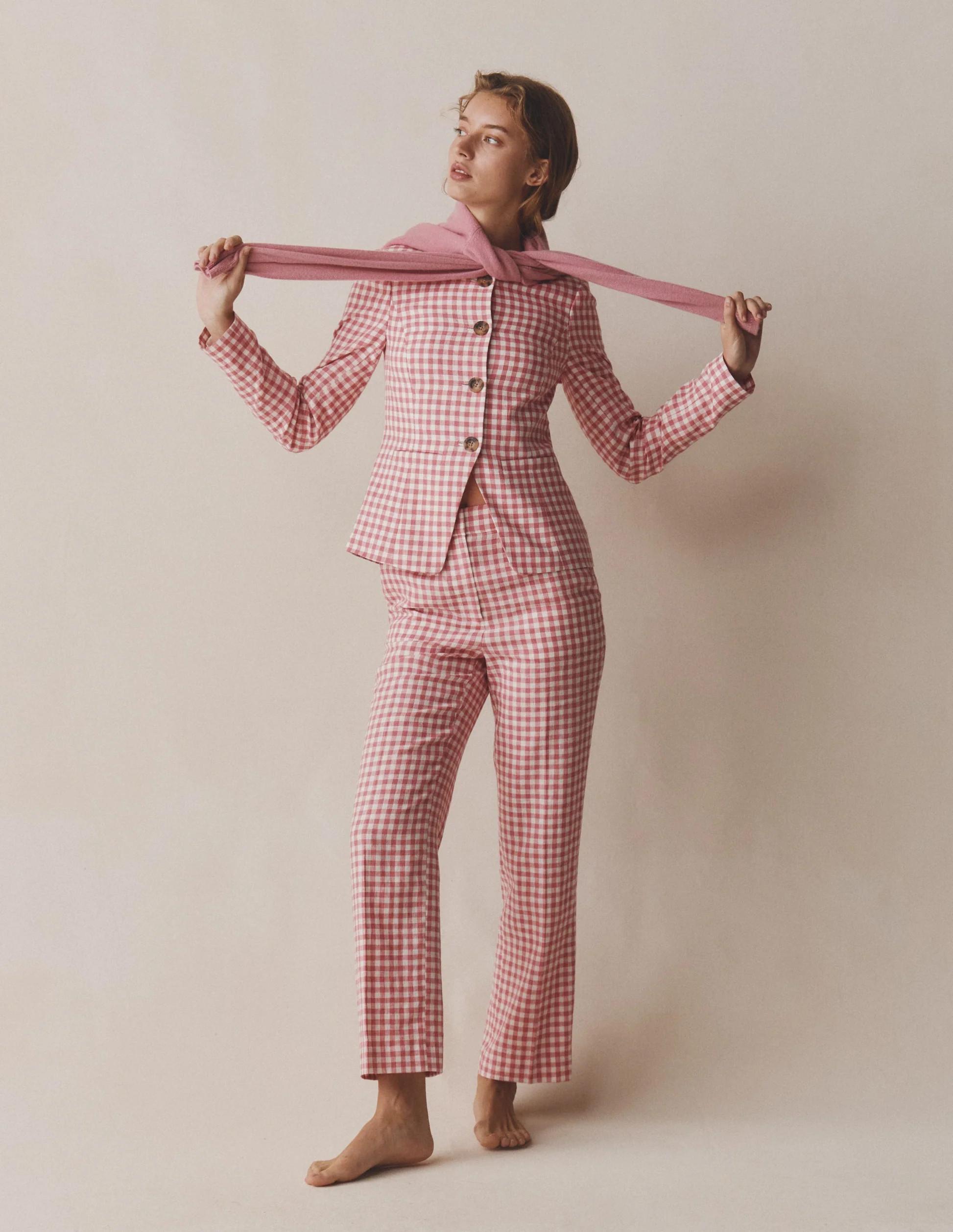Canonbury 7/8 Linen Trousers-Vintage Rose Gingham | Boden UK