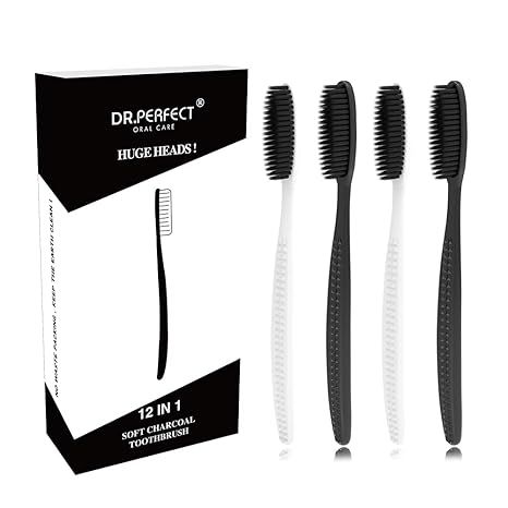 DR.PEFECT Medium Soft Charcoal Toothbrush Large Long Head 4.5 Inches Pack of 12 (6 Black 6 White) | Amazon (US)