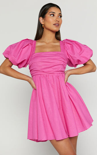 Clara Mini Dress - Square Neck Short Puff Sleeve in Pink | Showpo (US, UK & Europe)