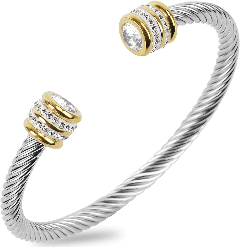 Amazon.com: Winhime Birthstone Cable Bangle Bracelets for Women, Stainless Steel Twisted Cable Wi... | Amazon (US)