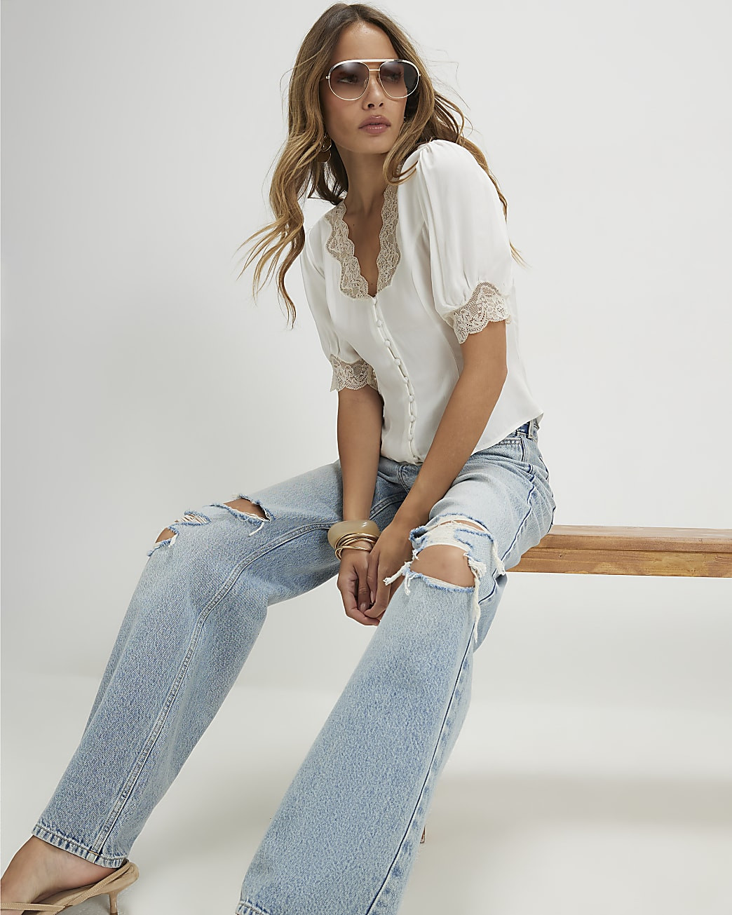 Cream Lace Trim Short Sleeve Blouse | River Island UK & IE