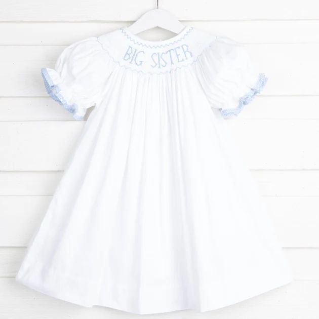 Light Blue Big Sister Smocked Bishop White Pique | Classic Whimsy