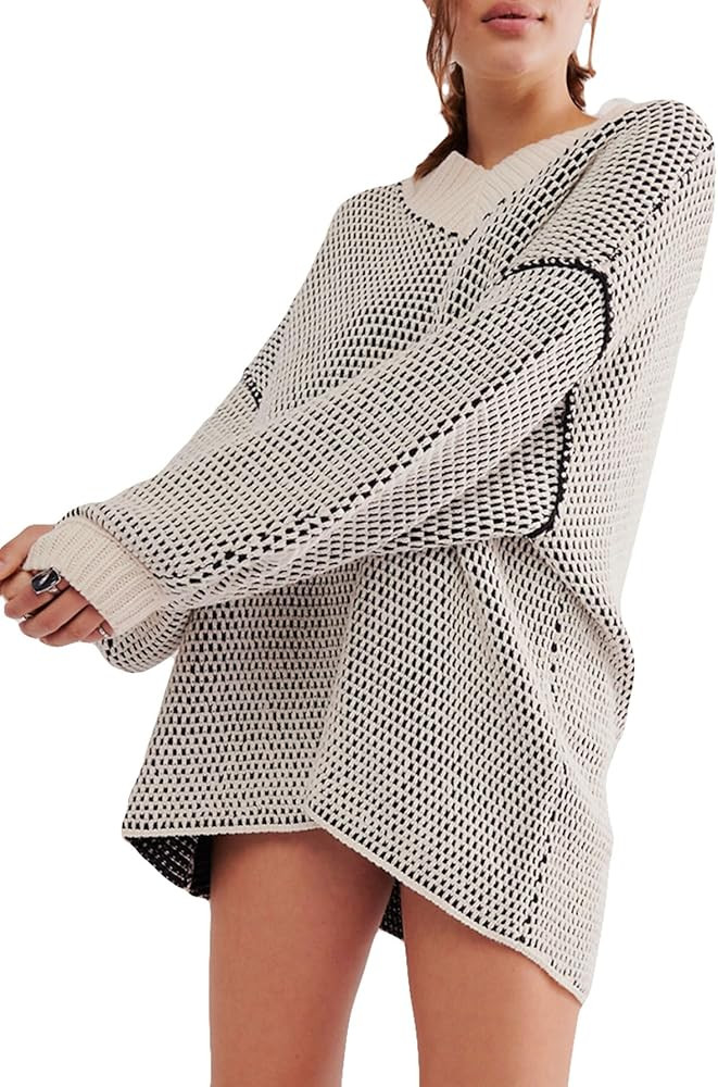 D-Sun Women's Oversized Sweater V Neck Cable Knit Pullover Casual Elegant Ribbed Drop Shoulder Sw... | Amazon (US)