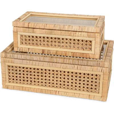 Handwoven Boho Rattan Display Boxes With Glass Lids - Set Of 2 Rectangular Decorative Storage Bins - Natural Woven Cane Home Decor Organizers | Wayfair North America