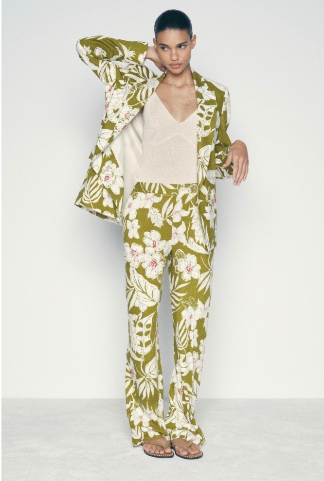 NWT Zara Womens Sz L Large Green Floral Print Linen Blend Pants NEW 8093/711/071 | eBay US