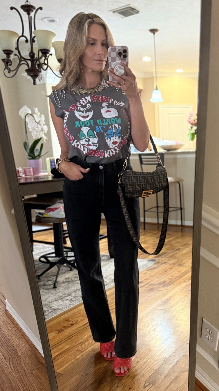 Vintage S/M Kiss shirt by Alice and Olivia with embezzlements paired w/ my faded black Mango jeans, sz 27 and oldddd Vince Camuto backless heels 

#LTKStyleTip