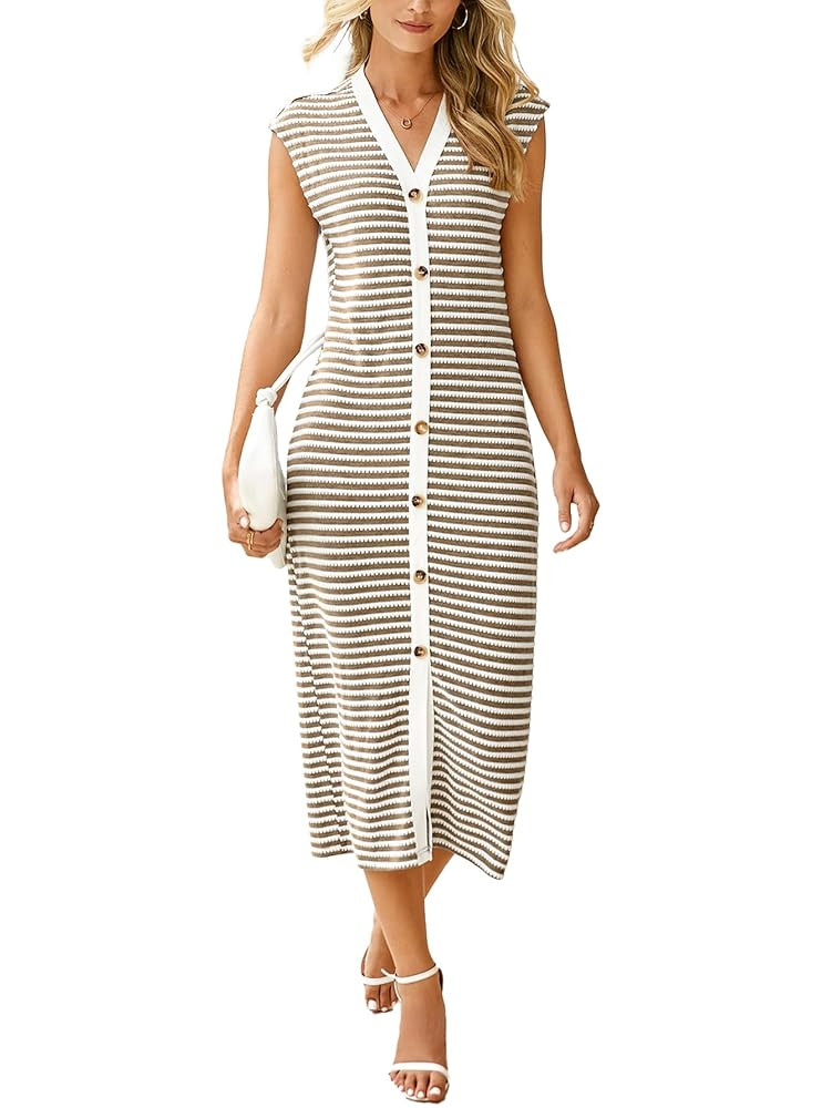 Simplee Women Button Striped Summer Dress Knit Casual Cap Sleeve V-Neck Midi Comfy Travel Dresses... | Amazon (US)