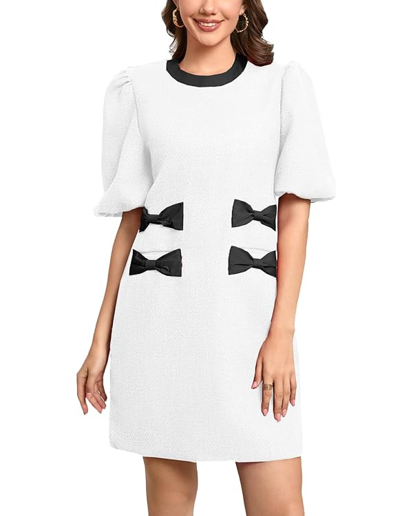 Ladyful Women's Tweed Mini Bow Dress Puff Sleeve Elegant Work Business Formal Dress | Amazon (US)