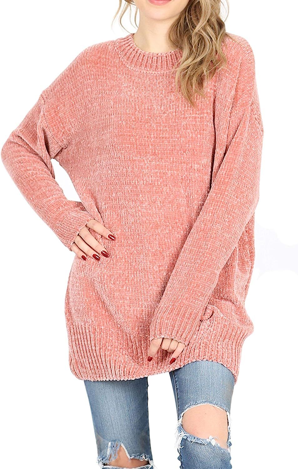 Women's Regular Size Solid Round Neck Ultra Soft Chenille Oversized Sweater Top | Amazon (US)