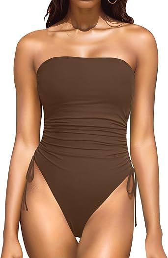 Yonique Women Strapless One Piece Swimsuit Tummy Control Bandeau Bathing Suit Cheeky Swimwear | Amazon (US)