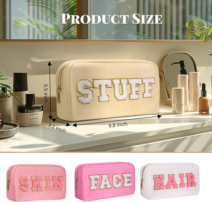 4Pcs Preppy Makeup Bags Set, Cute Varsity Makeup Pouchs, Travel Cosmetic Bags Sewn with Skin/Hair... | Amazon (US)