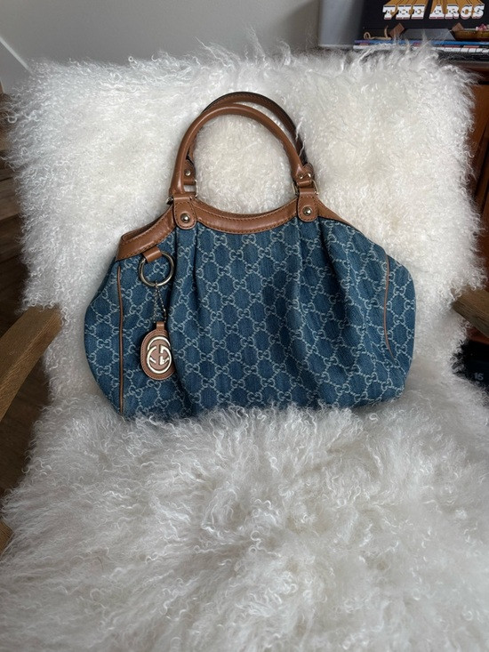 Gucci Sukey Blue Denim with Brown Leather Trim Bag | Poshmark