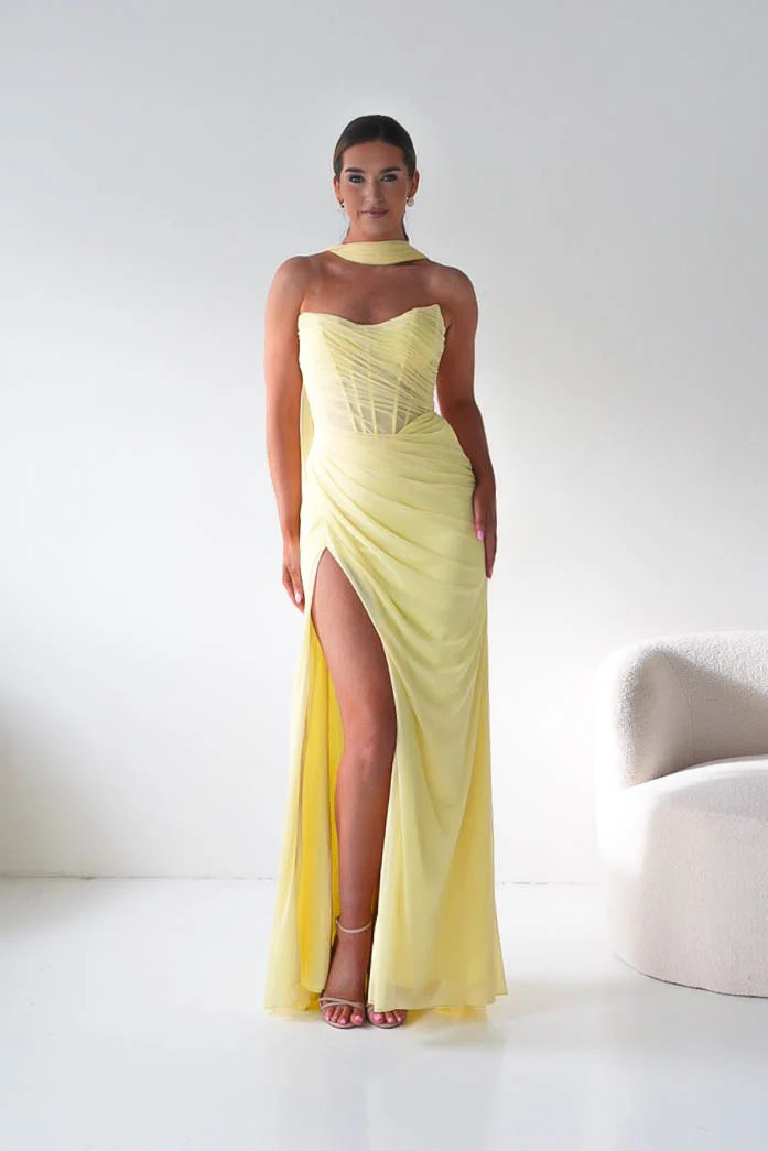 Karianne Draped Ruched Bodice Gown | Yellow | Oh Hello Clothing